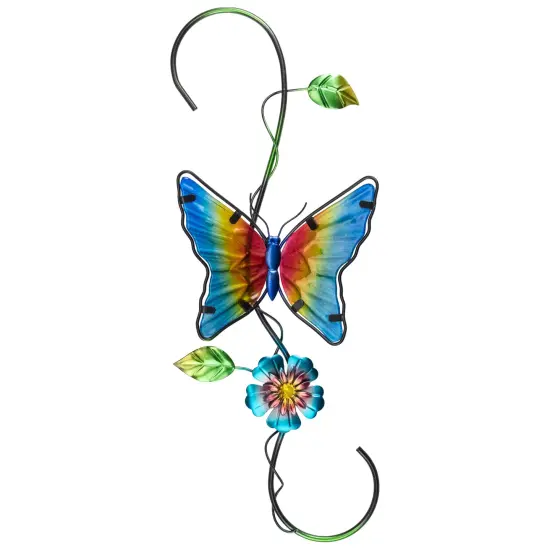 Tii Collections 18" Blue and Yellow Glass Butterfly Spring Plant Metal Hanger Black {1}