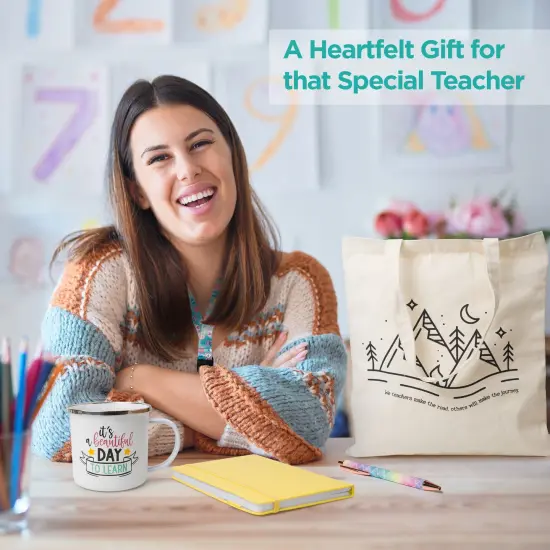 Mabie Swan - Best Teacher Gift Box, Six Elegant Pieces - 12oz Natural Canvas Cotton Tote, 12oz Enamel Mug, PU Leather Notebook, Ballpoint Pen, ID Card Holder, with "Thank You" Card Teacher Gift Set {3}