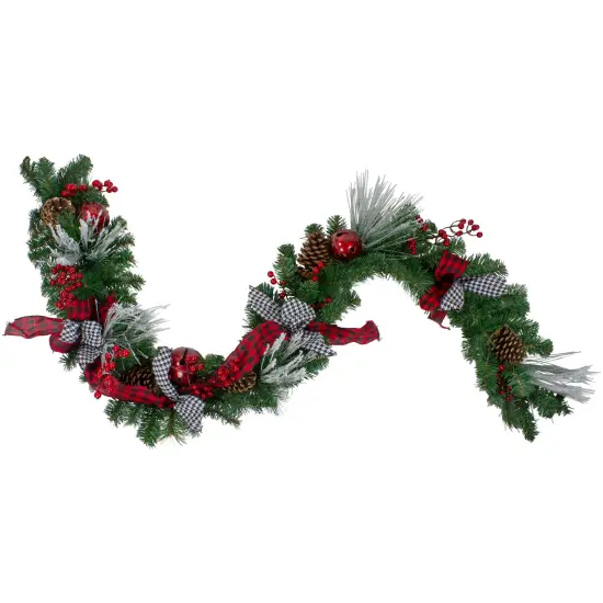 Northlight Double Plaid with Berries and Jingle Bells Artificial Christmas Garland - 6' x 12" Unlit Green {1}