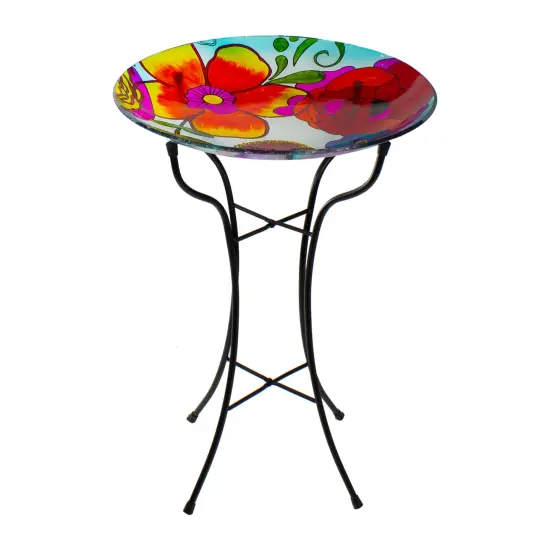 Northlight 18&rdquo; Multi-Colored Hand Painted Glass Floral Pattern Outdoor Patio Bird Bath {1}