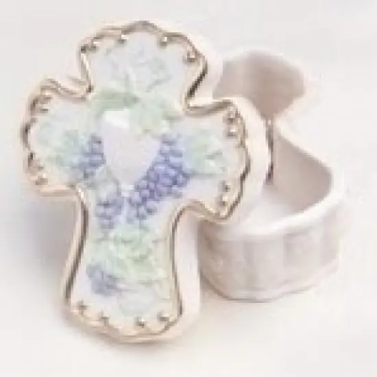 Roman Communion Cross Trinket Box with Chalice and Grapes -4.5" White {1}
