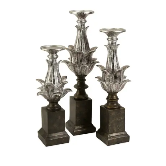 CC Home Furnishings Set of 3 Dramatic Silver Lotus Flower Candlestick Holders {1}