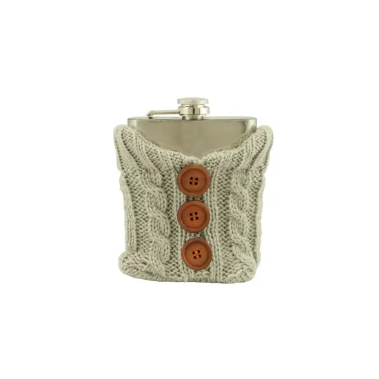 Wild Eye Stainless Steel Drinking Flask with Cozy Gray Knit Sweater with Brown Buttons - 7 oz {1}