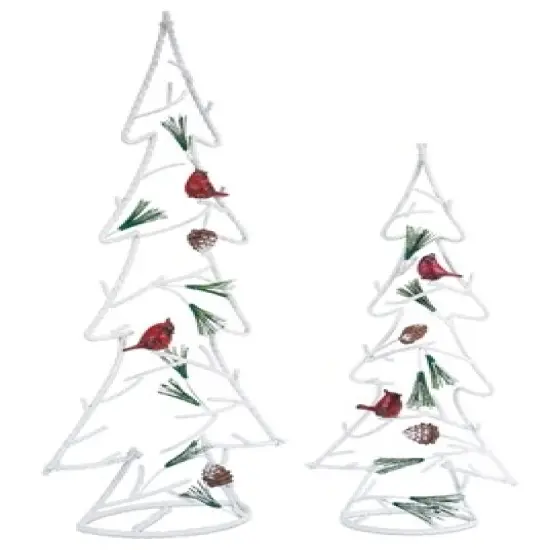 Melrose Set of 2 White and Red Christmas Trees with Cardinal Birds Tabletop Decors 30" {1}