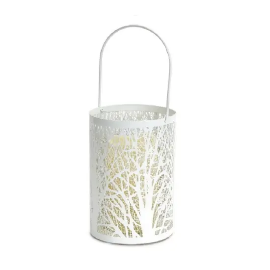 Melrose 8" White Tree Pattern Battery Operated LED Candle Lantern with Timer {1}