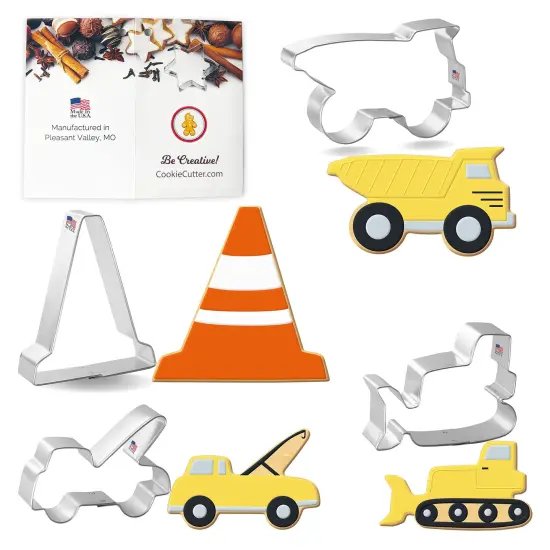 CookieCutter.com Construction 4 Piece Cookie Cutters Set, Bulldozer, Dump Truck, Tow Truck, Traffic Cone, Tin Plate Steel, USA {1}