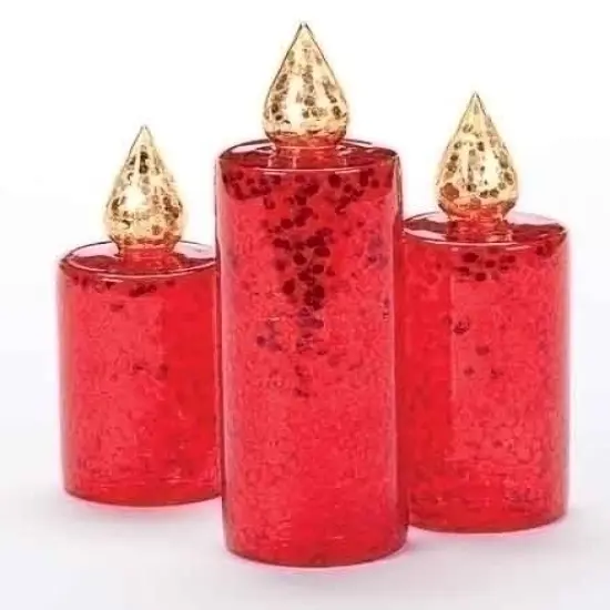 Roman Set of 3 Red and Gold Glitter Sequined Christmas Pillar Candle Figures 10" {1}