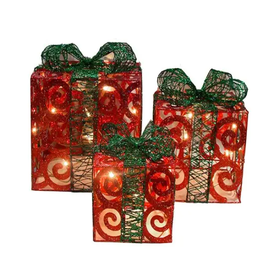 Northlight Lighted Swirl Gift Boxes Outdoor Christmas Decorations - 10" - Clear - Set of 3 Red {3}