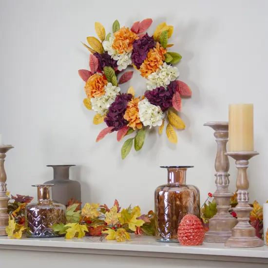 Northlight Hydrangeas and Leaves Twig Artificial Floral Wreath, Orange 20-Inch {3}