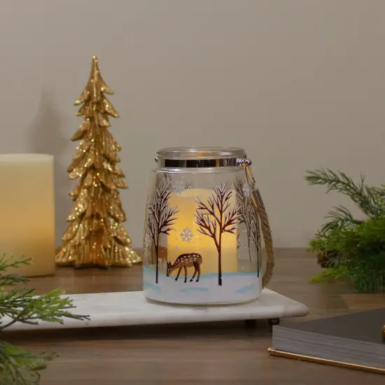 Northlight 6.25" Trees and Fawns Flameless Glass Candle Lantern Blue {3}