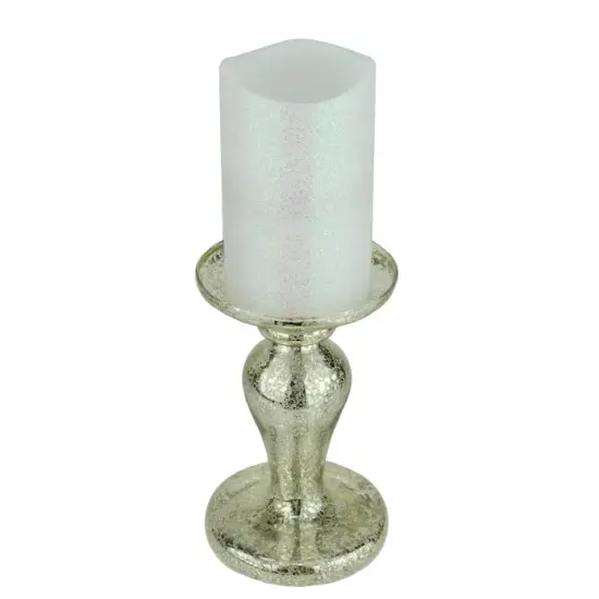 Roman 7" Battery Operated Iridescent White Flameless Pillar Candle with Silver Stand {1}