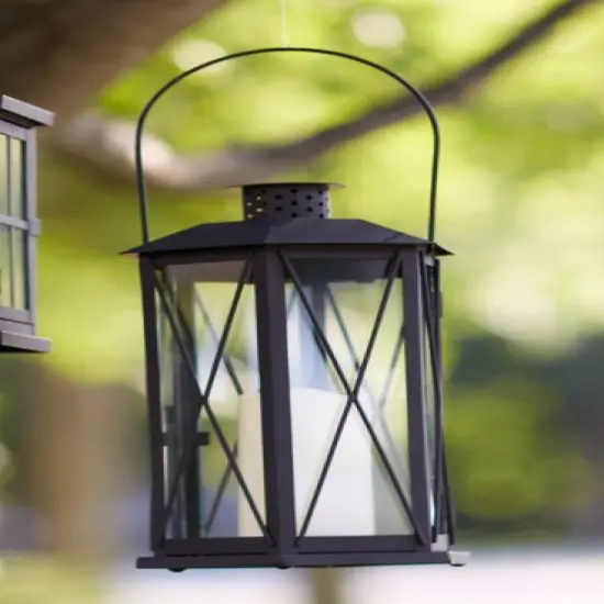 Melrose 14.5" Black Cottage Style Glass Lantern with LED Flameless Pillar Candle {1}