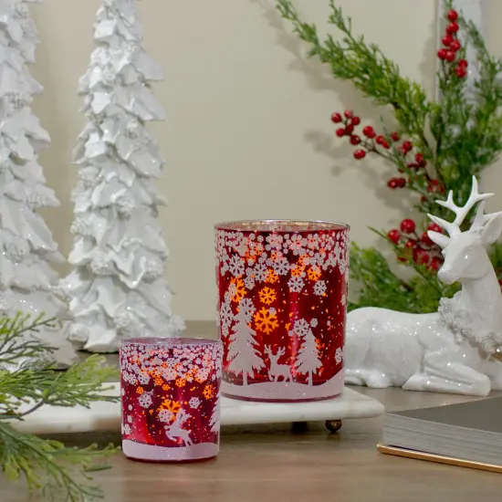 Northlight 3" Red and Shiny Silver Deer in Winter Woods Flameless Glass Candle Holder {3}