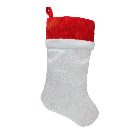 Northlight 22.25" LED Lighted White Iridescent Glittered Christmas Stocking with Red Cuff {1}