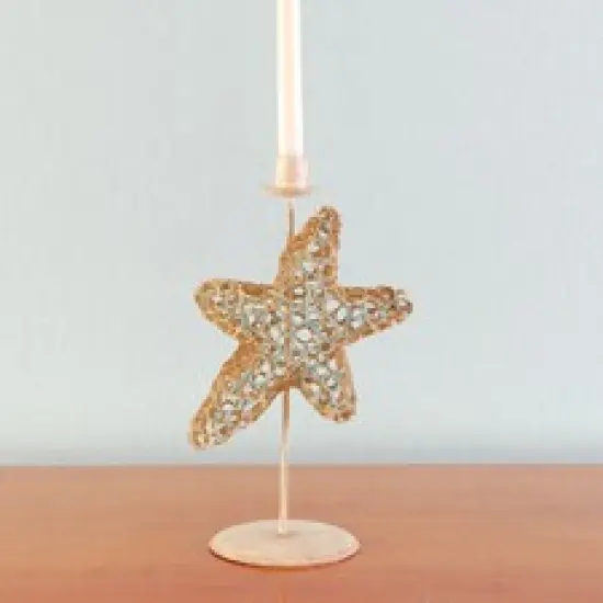 Gallerie II 12.75" Beach Inspired Brown and Blue Burlap Star Fish Taper Candle Holder {3}