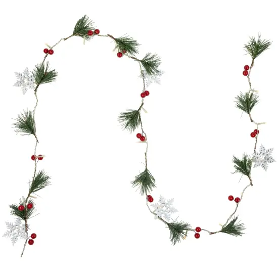 Northlight Pre-lit LED Battery Operated Berry and Snowflake Christmas Garland - 6' - Warm White Green {1}