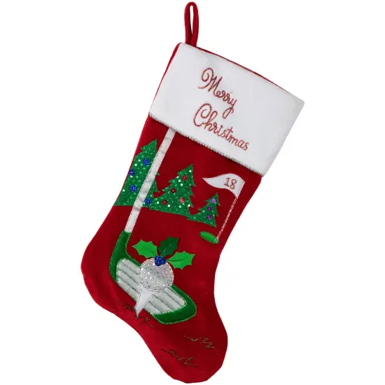 Northlight 20" Red Velveteen Golf Themed Christmas Stocking with White Embroidered Cuff {1}