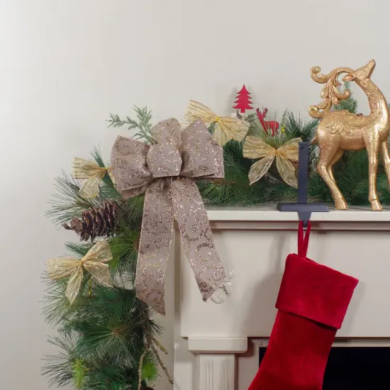 Northlight Burlap Glitter Scroll 6-Loop Christmas Bow Decoration - 9" x 14" - Brown and Gold {3}