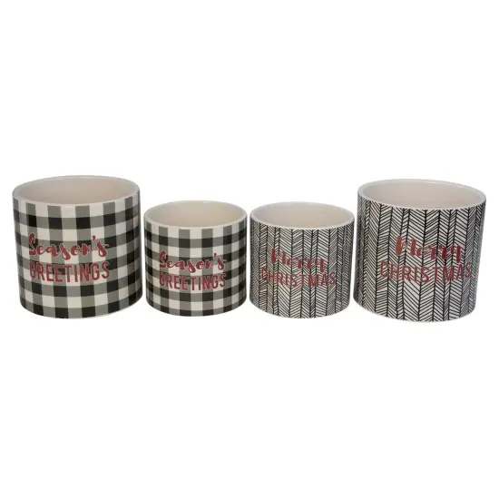 Melrose Set of 4 White and Black Holiday Slogan Printed Christmas Pots 6" {1}