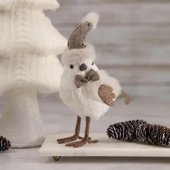 Northlight Standing Bird with Chevron Bow Tie and Faux Fur Winter Hat Christmas Figure - 10" White {3}