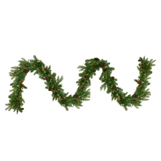 Northlight Real Touch&trade;️ Pre-Lit Mixed Winter Berry Pine Artificial Christmas Garland - 9' x 12" - Clear Lights Green {1}