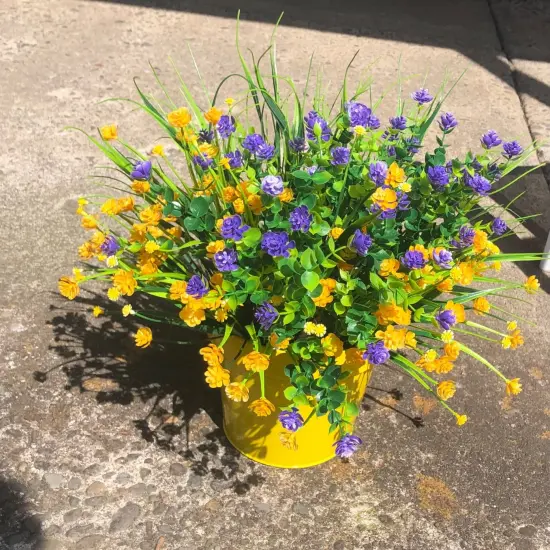 9pcs Artificial Flowers, UV Resistant Faux Outdoor Flowers, Fake Plastic Flowers for Hanging Planter Porch Window Garden Decoration Yellow Purple Green {4}