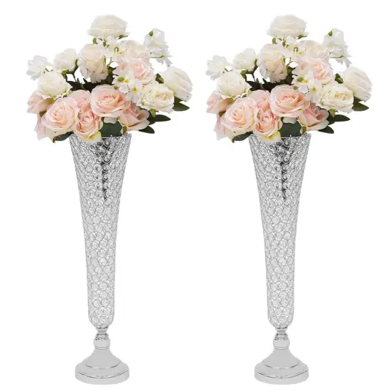 2 Pc Modern Crystal Trumpet Flower Silver Stand Crystal Vase For Wedding Decor {1}