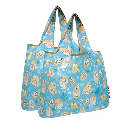 Wrapables Medium Foldable Tote Nylon Reusable Grocery Bag (Set of 2), Silly Owls {1}