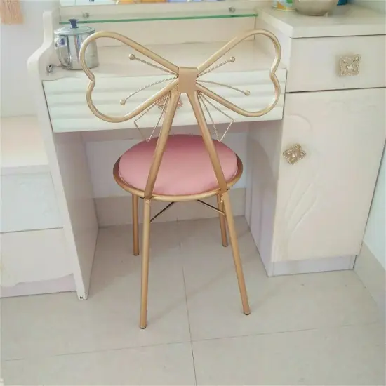 Butterfly Bow-Knot Vanity Chair Pink Velvet Gold Barstool Chair Makeup Leisure {5}