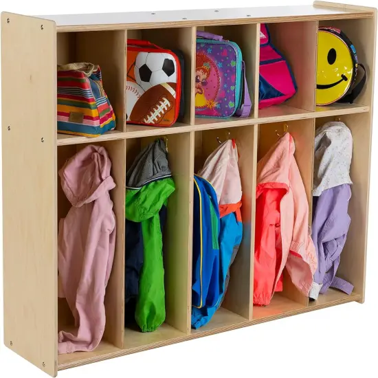 5-Section Coat Locker with Cubbies, Wooden Backpack Storage Organizer with Coat Hooks and Cubby Storage Organizer Cubes for Kids, Daycare, Classroom {1}