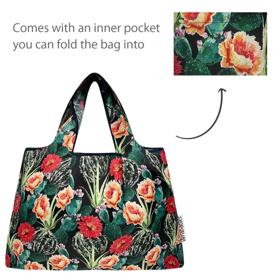 Wrapables Large Foldable Tote Nylon Reusable Grocery Bags, Floral Cactus {5}