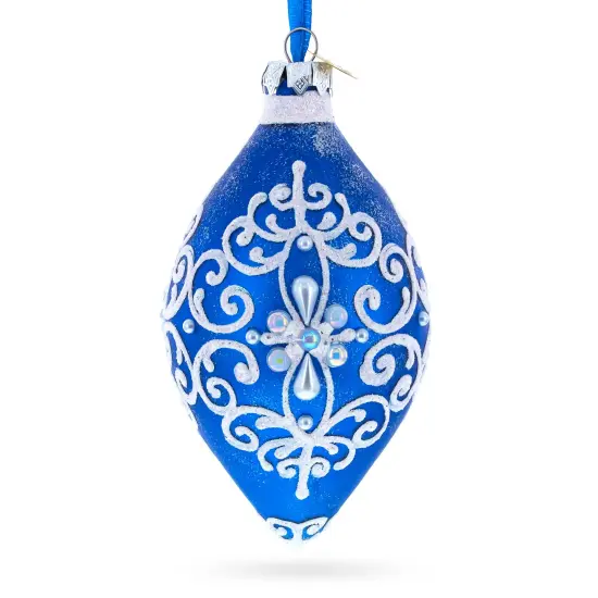 Blue Jeweled Scroll Pointed Teardrop Finial Glass Christmas Ornament {1}