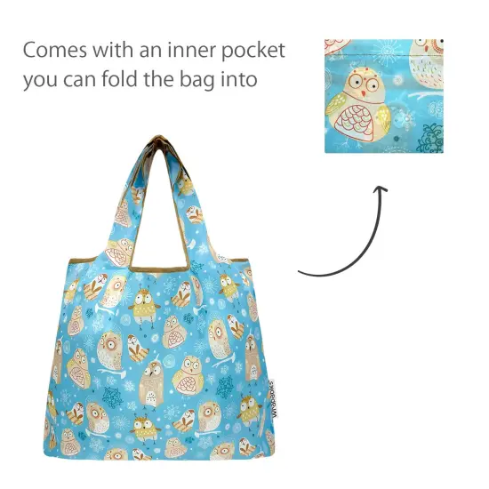Wrapables Medium Foldable Tote Nylon Reusable Grocery Bag (Set of 2), Silly Owls {5}