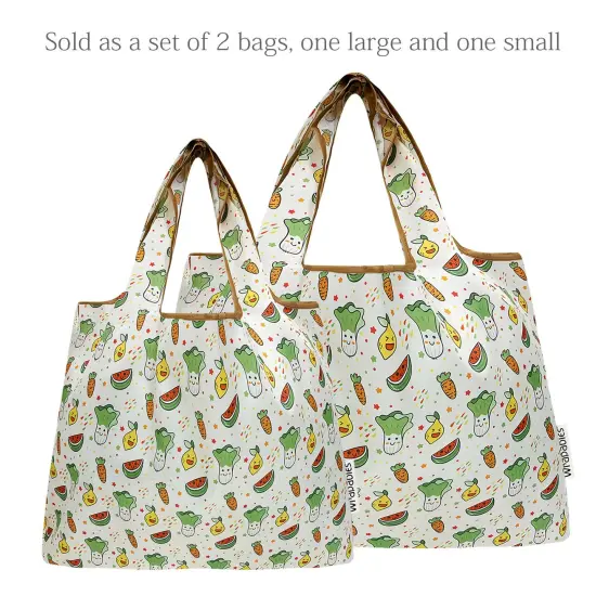Wrapables Large & Small Foldable Tote Nylon Reusable Grocery Bags, Set of 2, Happy Food {3}