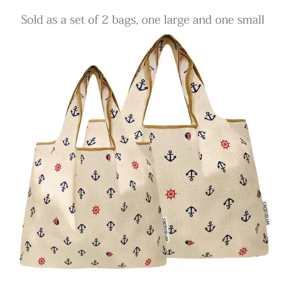 Wrapables Large & Small Foldable Tote Nylon Reusable Grocery Bags, Set of 2, Anchors Away {3}