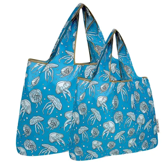Wrapables Large & Small Foldable Tote Nylon Reusable Grocery Bags, Set of 2, Jellyfish {1}