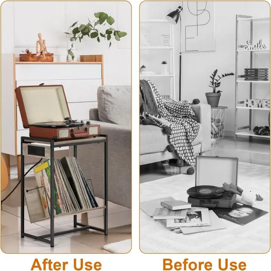 Record Player Holder Stand End Table with Vinyl Storage Grey {5}