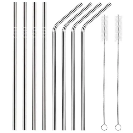 8-Piece 10.5" Stainless Steel Cocktail Straw Set with 2 Cleaning Brushes Silver {1}