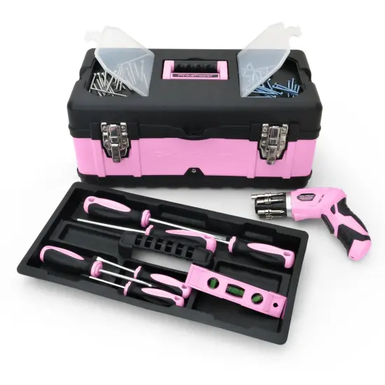 Pink Power Pink Tool Box for Women - 18" Small Metal & Plastic Portable Lightweight Pink Locking Empty Toolbox Chest - Craft Tote Storage Tool Case Organizer for Ladies Pink Tool Set Kit {5}