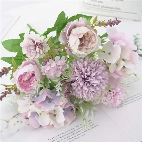 Artificial Flower Bunches, Fake Peony Silk Hydrangea Bouquet, Table Wedding Decor, Faux Flower Arrangements, Purple {3}