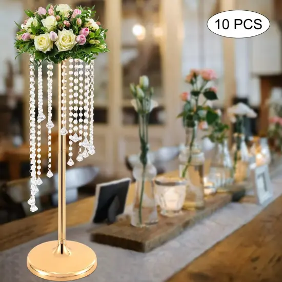 10Pcs Crystal Flower Stands Vases 70cm Wedding Centerpieces Dining Table Gold {1}
