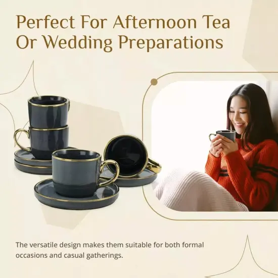 American Atelier Gold Rimmed Teacup and Saucer, Set of 4 | 7.6 Oz - Navy {2}