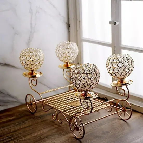 GOLD 18" Cinderella Carriage Crystal Beaded CANDLE HOLDERS CENTERPIECE Wedding {2}