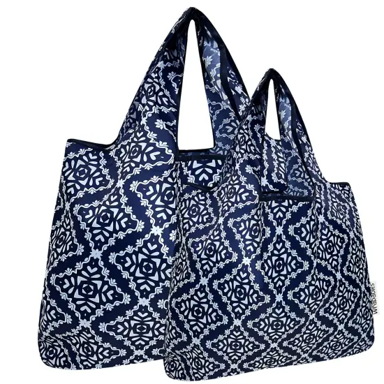 Wrapables Large & Small Foldable Tote Nylon Reusable Grocery Bags, Set of 2, Navy Deco {1}