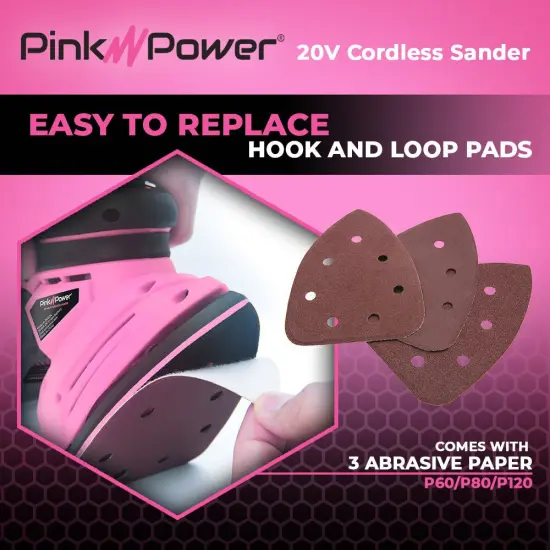 Pink Power Detail Sander for Woodworking 20V Cordless Electric Hand Sander for Wood Furniture - Mini Palm Sander Tool with Sandpaper, Li-Ion Battery & Charger - Small Handheld Sanding Machine {3}