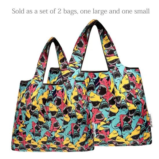 Wrapables Large & Small Foldable Tote Nylon Reusable Grocery Bags, Set of 2, Sharks {3}
