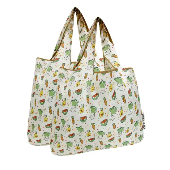 Wrapables Medium Foldable Tote Nylon Reusable Grocery Bag (Set of 2), Happy Food {1}
