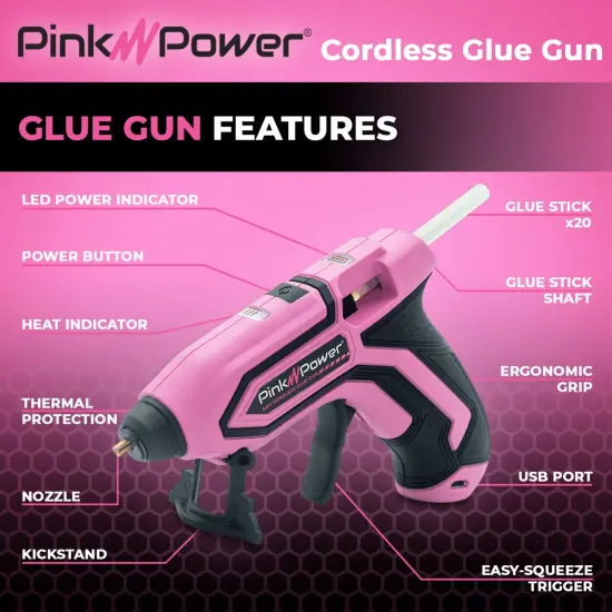 Pink Power Cordless Mini Hot Glue Gun with Stand - USB Rechargeable Wireless Hot Melt Glue Gun Kit with 20 Glue Sticks - Battery Operated Cordless Glue Gun for Crafts - Portable Pink Hot Glue Gun {2}