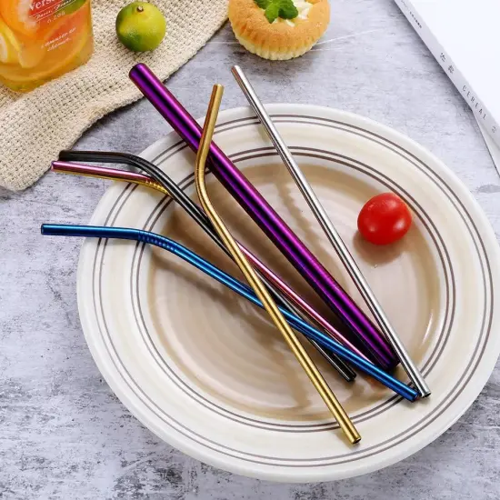 8-Piece 10.5" Stainless Steel Cocktail Straw Set with 2 Cleaning Brushes Silver {6}