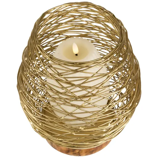Northlight Medium Woven Iron Votive Candle Holder with Wooden Base - 8.5" - Brass Finish Gold {5}